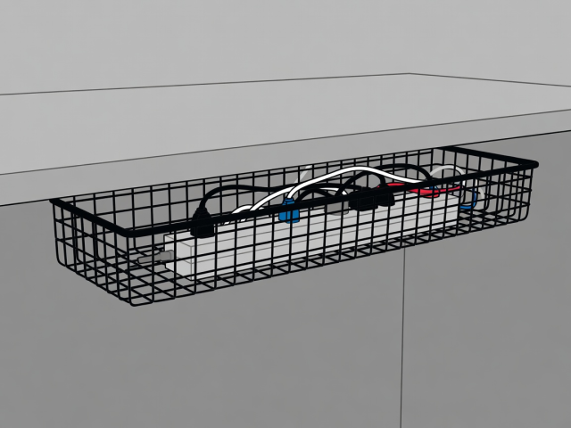 Flat vector illustration of a mesh tray under a desk holding a power strip and cables