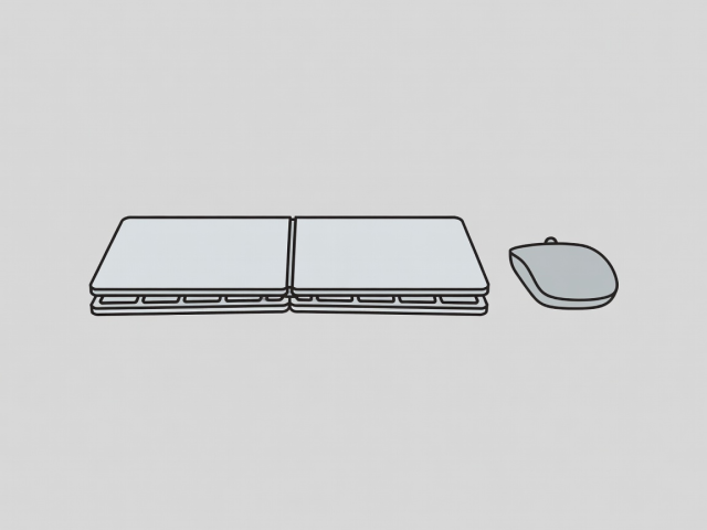 Flat vector illustration of a folded compact keyboard beside a small mouse